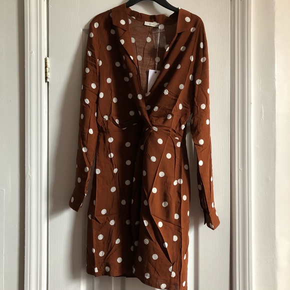 Rust Brown Polka Dot Surplice Mini Dress Small - Picture 5 of 6